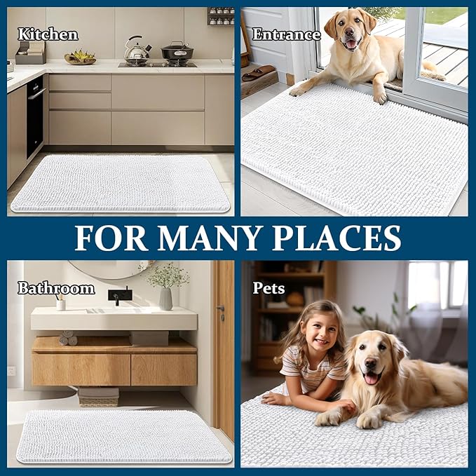 OLANLY Dog Door Mat for Muddy Paws 47x32, Absorbs Moisture and Dirt, Absorbent Non-Slip Washable Doormat, Quick Dry Chenille Mud Mat for Dogs, Entry Indoor Entryway Carpet for Inside Floor, White