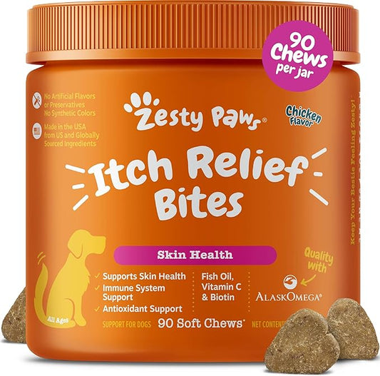 Zesty Paws Itch Relief for Dogs - Chews for Itching Skin & Coat - Omega-3 Fish Oil with EPA & DHA - Dog Allergy Relief Chews Supplement - Vitamin C & E Antioxidant Support - Chicken Flavor - 90 Count