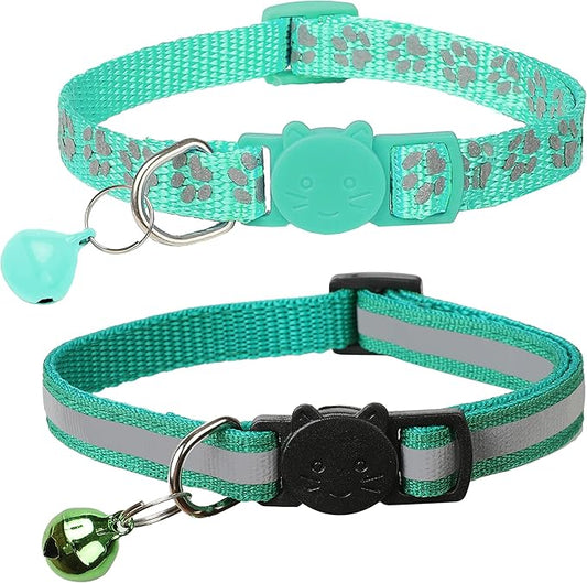 BANMODER 2 Pack Reflective Cat Collar Breakaway with Bell,Personalized Kitten Collars,Adjustable Safety Buckle Collar for Male Cats Girls & Boys (Dark Green)