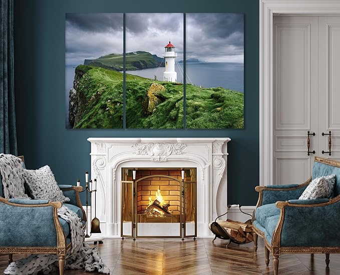 Nature Wall Art Prints - Ocean Forest Mountain Lake Canvas Landscapes - Small to Extra Large Living Room Bedroom Kitchen Bathroom Décor (Stormy Sky Lighthouse, 31L" x 47W" - 3 Panels)