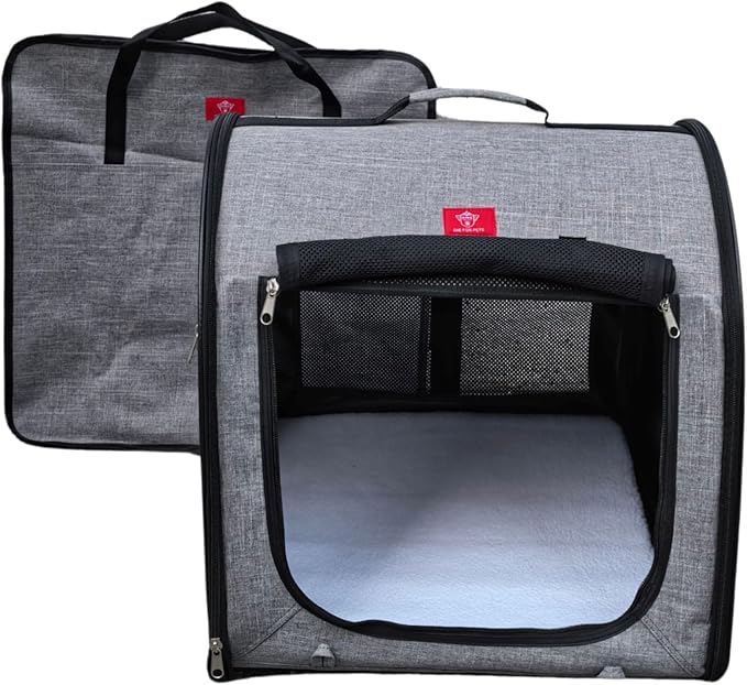 Fabric Portable Pet Kennel/Shelter, Single, Gray, 20"x20"x19.5" - Car Seat-Belt Fixture Included