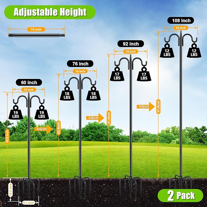 Gtongoko Double Shepherds Hook for Outdoor, 2 Pack 92 Inch Heavy Duty Bird Feeder Pole 3/4 Inch Thick Garden Hooks for Hanging Hummingbird Feeder, Plant Baskets, Solar Light Lanterns