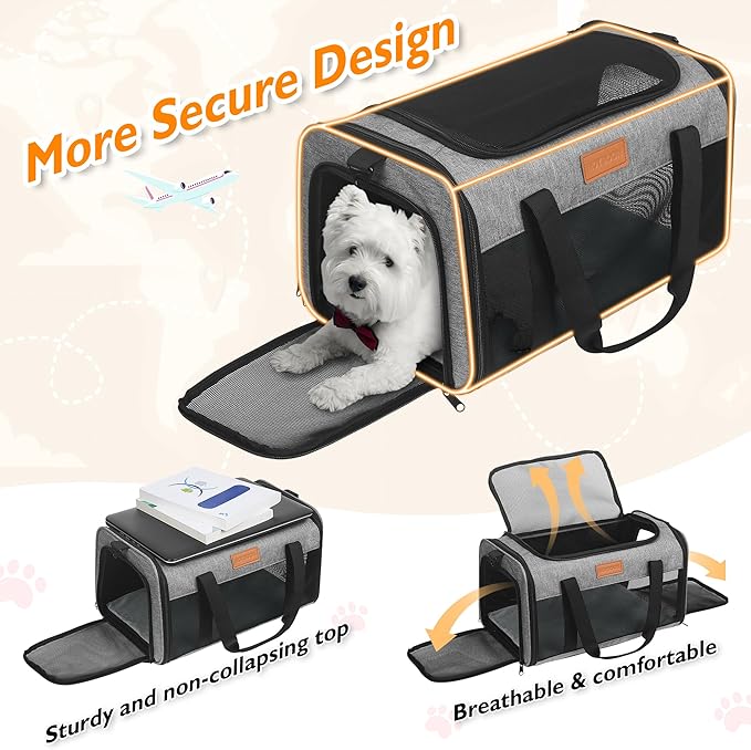 PETUX TSA Approved Pet Carrier in Cabin, 17"x11"x9.5" Soft Cat Carriers for Small Cat up to 12 lb and Puppy up to 10 lb, Top Open Portable Pet Carrier Airline Approved for Travel and Vet Visit (Grey)