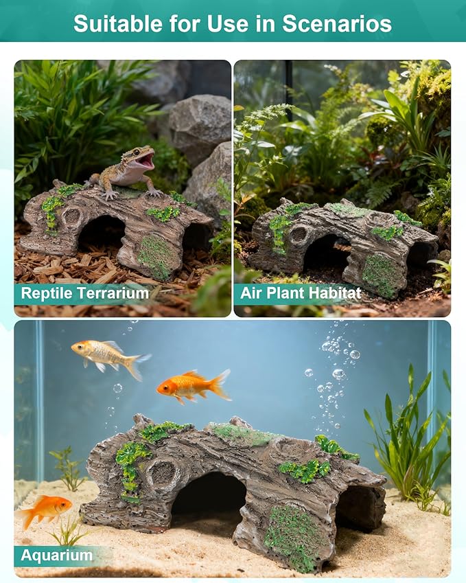TRUVIC Fish Tank Decorations - Aquarium Cave Decor, Resin Hollow Tree Trunk Reptile Hide & Betta Log Hideout for 20 Gallon Tank, Fish Accessories Shelter Cave