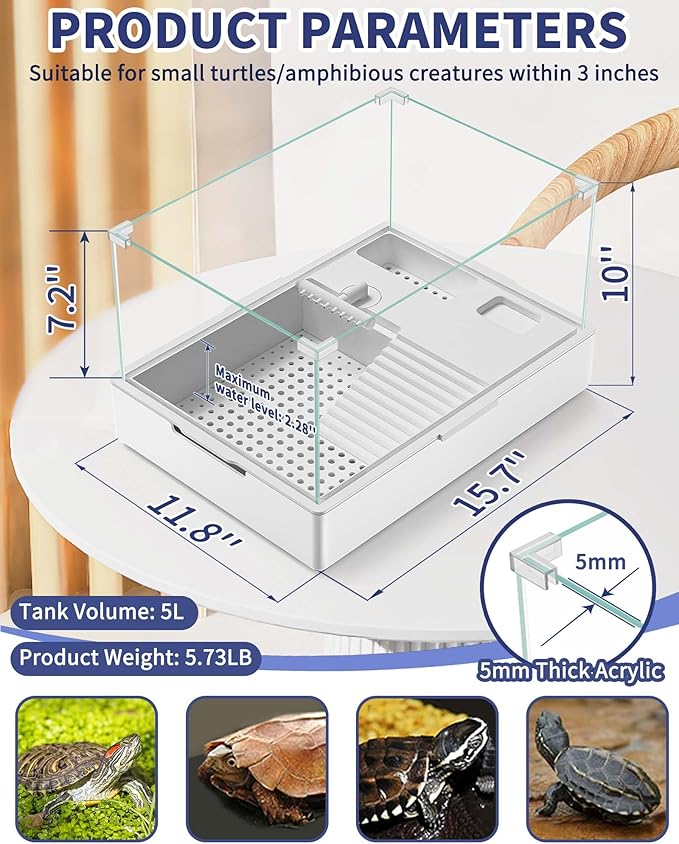 Small Turtle Tank Kit(Tank + Light + Water Pump), Acrylic Turtle Tank Starter Kit with Upgrade Rain Shower Head, Adjustable 5W Water Pump, Higher Fences and Multi-Function Area. (S-Kit)