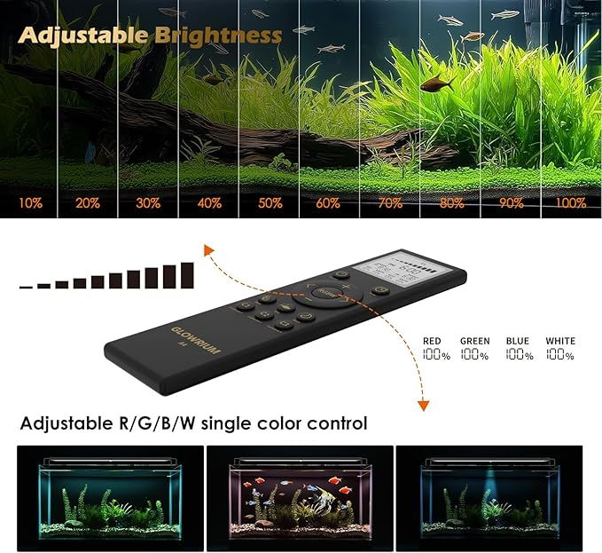 GLOWRIUM LED Aquarium Light with Remote, Full Spectrum Fish Tank Light with Auto Timer, IP67 Waterproof Freshwater Planted Tank Light, Dimmable RGB+W+Moon LEDs with High Performance (9W 12-17in)