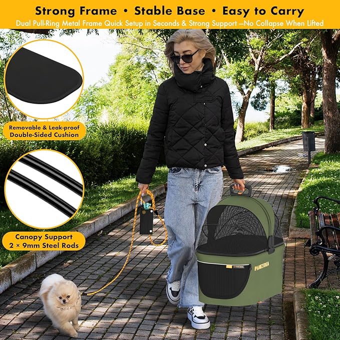 PAWZIDEA Pet Stroller 4 in 1, Dog Strollers with Detachable Carrier No-Zip Canopy, Portable Pet Crate for Car Seat Travel, Foldable & Lightweight Jogger for Small/Medium Dogs and Cats, Storage Basket