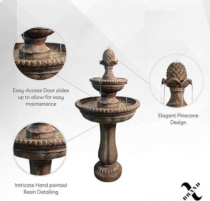 XBrand 39" 2-Tier Outdoor Freestanding Solar Water Fountain – Classic Sand Stone Resin Bird Bath with Pump – Solar Powered Garden Decor for Patio, Yard, Porch, and Lawn