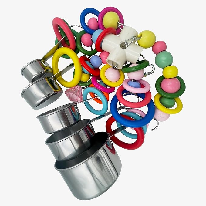 Metallic Pots and Multicolored Ring Strings Toys, Pullable 5 Stainless Steel Cups and Wooden Ring Toys for Large and Extra Large Parrot Amazons Macaws African Greys Cockatoos Eclectus