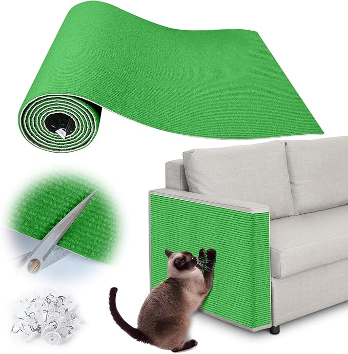 Cat Scratch Furniture Protector - 100" x 13.8" Trimmable Self-Adhesive Cats Claws Scratch Pads, DIY Cat Climbing Couch Protector for Scratch Post Cat Tree Replacement Indoor (Green)