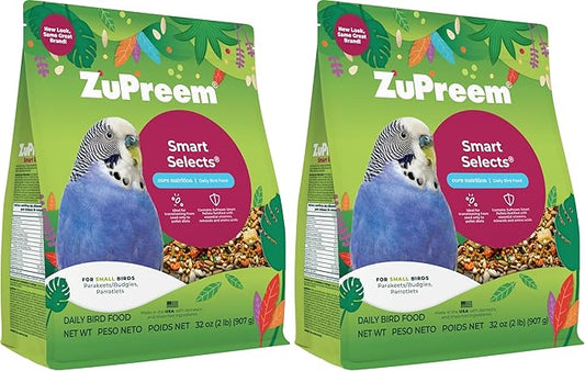 ZuPreem Smart Selects Daily Bird Food for Parakeet, Budgie, Parrotlet, Dove, Bird Pellets and Seed Blend, Core Nutrition for Small Birds, Made in USA, Parakeet Food, Budgie Food (S, 2 lb) (Pack of 2)