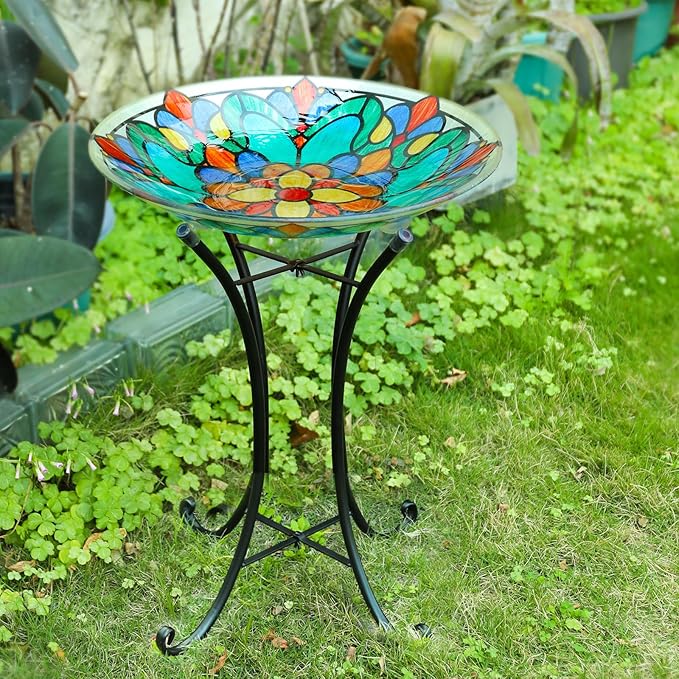 MUMTOP Bird Bath-Bird Baths for Outdoors - Glass Large Bird Bath Bowl with Metal Stand, Symmetrical Patterns Bird Feeders for Outside and Garden, Patio,Lawn Decor