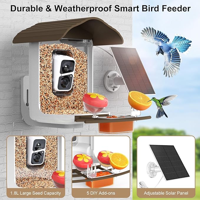 birdsnap® PAV- Smart Bird Feeder with Camera Solar Powered, 64GB Card & 2K HD Record Video Bird Camera Live with 5 DIY Add-ons, AI Identify Auto Capture, Ideal Gift for Birds Lover