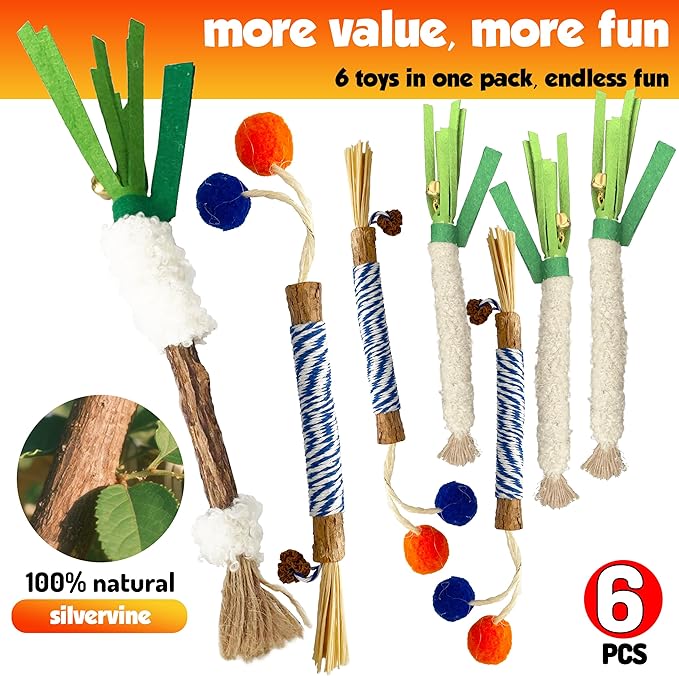 Catnip 6PCS Chew Stick with Wrapped Cotton Rope – Natural Dental Care Cat Toy for Teeth Cleaning & Gum Health, Satisfies Chewing Instincts, Safe & Long-Lasting Kitten Teething Toy
