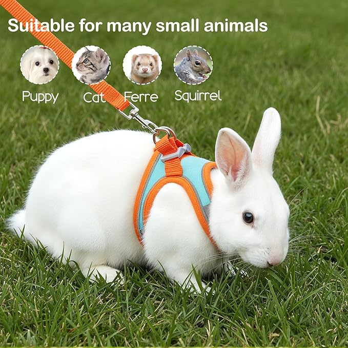 Bunny Harness and Leash Set, Adjustable Double Buckles Breathable Mesh Rabbit Vest with Reflective Strips, Escape Proof Small Pet Walking Training Gear for Rabbits, Kittens, Ferrets, Guinea Pigs (S)