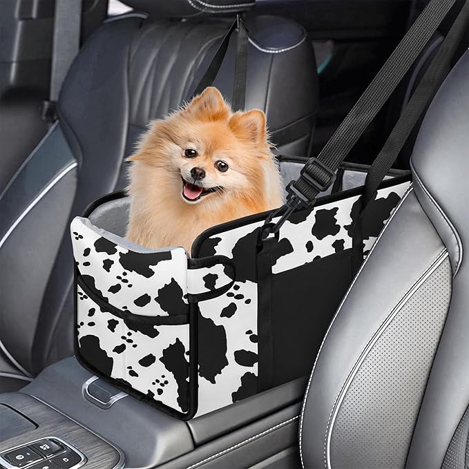 Portable Dog Car Seat for Small Dogs - Adjustable Safety Leash, Washable Cushion & Storage Pocket - Pet Booster Seat for Car Travel- Cow Pattern