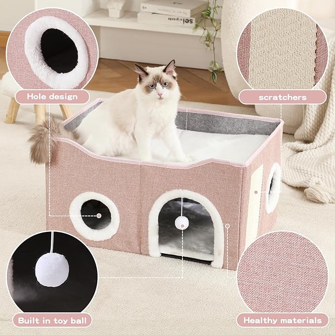 Large Cat Bed for Indoor Cats, Extra Wide Cat Cave House with Scratch Pad and Fluffy Ball, Foldable Cat Hideaway for Kitten Bed, Cat Condo for Cats (Pink, X-Large)