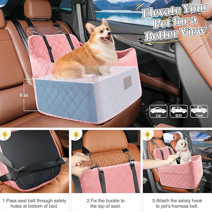 Dog Booster Car Seat for Dogs up to 35lbs, Safety Pet Car Seats with Anti-Slip Bottom, Travel Booster Dog Bed with 2 Storage Pockets (Pink, Medium)