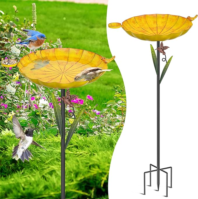 Metal Bird Bath for Outside, Detachable Birdbath Sturdy 5-Prong Stake Base with Bowl & Decorative Birds, Durable Iron Garden Birdbath & Feeder for Patio Wildlife Décor (Retro Yellow)