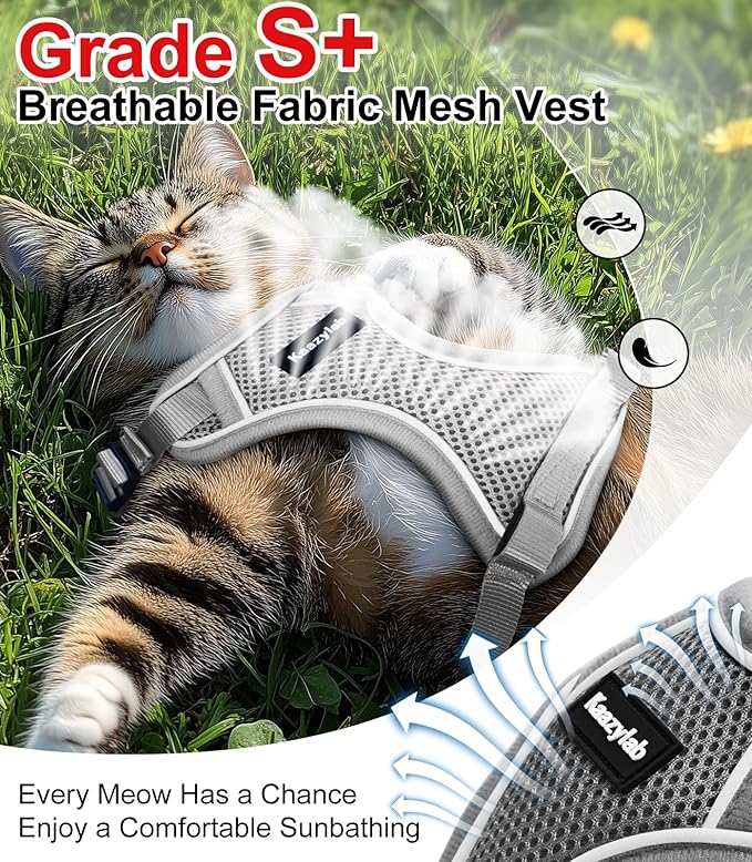 Cat Harness and Leash for Walking Escape Proof Soft Adjustable Cat Leash Breathable Comfortable Vest Easy to Wear Kitten Harness for Outdoor Travel Grey S