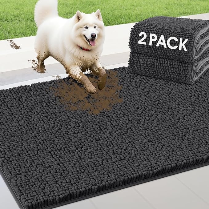 IM HOME 2 Pieces Muddy Door Mats for Dogs, Chenille Absorbent Pet Mats, Quick Dry, Trap Dirt Non Slip Heavy Indoor Doormat Soft Dog Bed Mat Front Inside Door Mat for Indoor Outdoor Entrance,Dark Grey