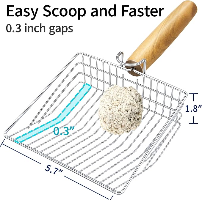 UFECODO Fast Sifting Cat Litter Scoop with Holder Stand, Stainless Steel Poop Scooper with Ergonomic Wood Handle, Heavy Duty and Easy Clean