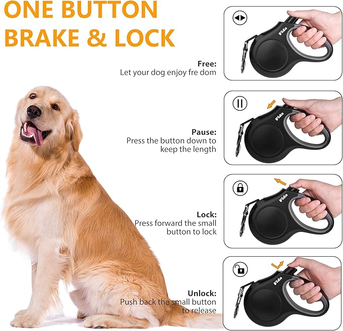 Fida Retractable Dog Leash with Dispenser and Poop Bags, 16 ft Pet Walking Leash for Medium Dog or Cat up to 44 lbs, Anti-Slip Handle, Tangle-Free, Reflective Nylon Tape (M, Black)