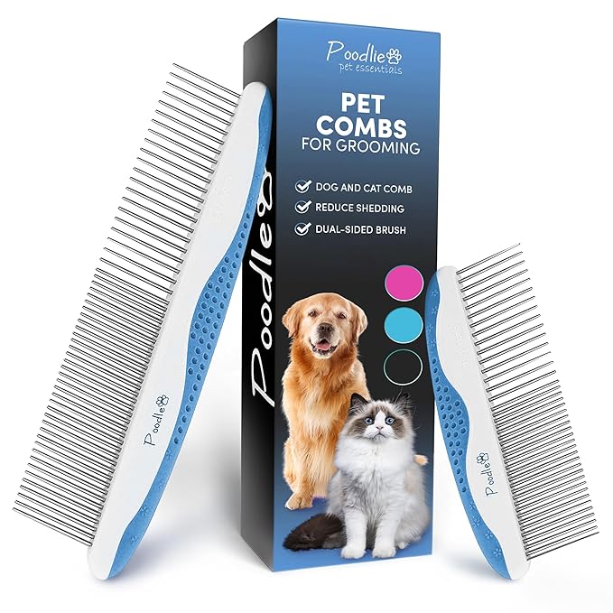 Poodle Pet Dog Combs for Grooming | 2 Pack | Stainless Steel Teeth Easily Remove Dirt | Proper Care Prevents Knots and Mats for Long and Short Haired Pets | Anti-Slip Comfort Grip Handle (Blue)