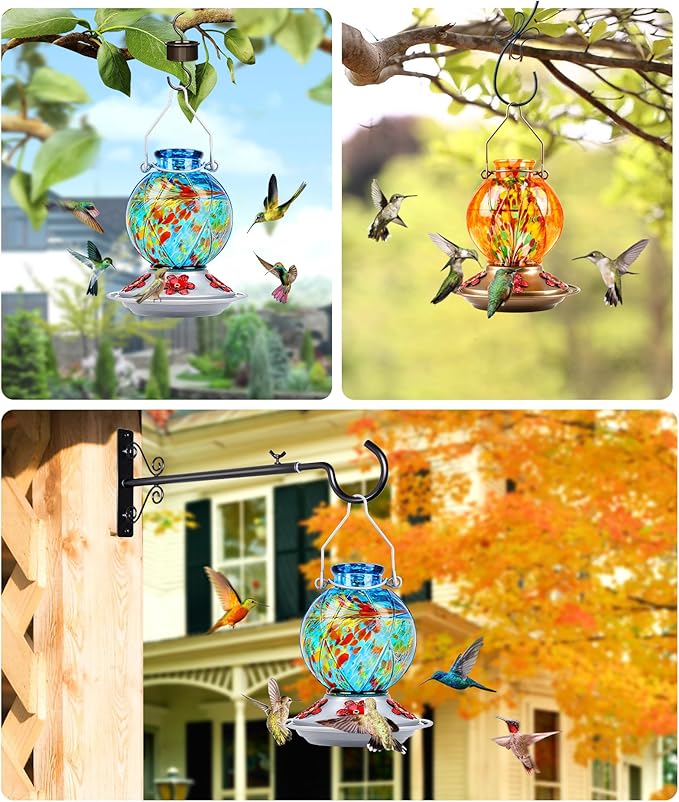 Hummingbird Feeder, BOLITE Glass Hummingbird Feeders for Outdoors Hanging, Hand Blown, with Ant Moat and Five Feeding Ports, Meshy Texture Ball Shape Bottle, 20 Ounces, Blue, Gifts for Women Men