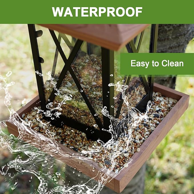 Cedar & Metal Frame Bird Feeder for Outdoors Hanging Mount Large Capacity, Black Wooden Garden Roof Feeder Lantern Style, Cardinal Bluebird Birdfeeder with Iron Frame Wall for Garden Decor Durable