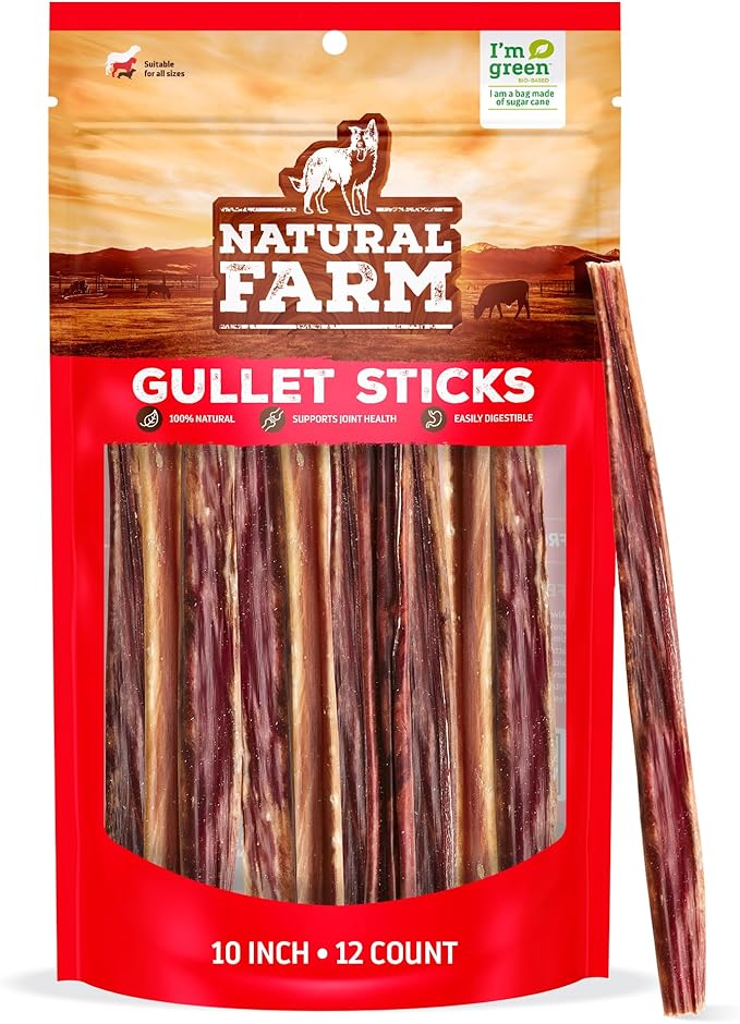 Natural Farm Gullet Jerky Sticks (10”, 12-Pack), Fully Digestible Beef Esophagus, Grain-Free, Odor-Free - Best for Light, Pups & Senior Chewers