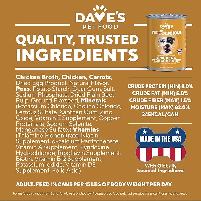 Dave's Pet Food Stewlicious Grain Free Wet Dog Food (Chicken & Vegetable in Gravy), Made in USA Naturally Healthy Canned, Gluten Free Topper, 13.2 oz (12 Pack)