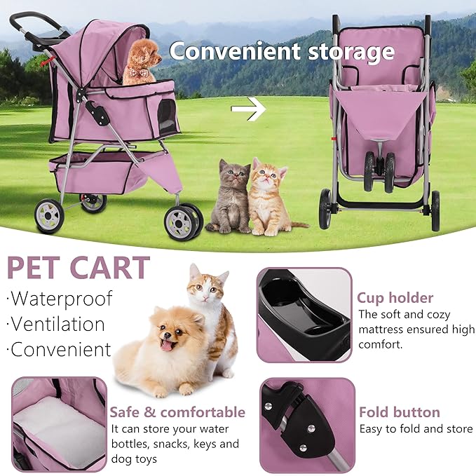 Dog Stroller,3 Wheels Travel Folding Pet Stroller for Small Medium Dog Cat Jogger Stroller with Storage Basket Removable Liner Pink