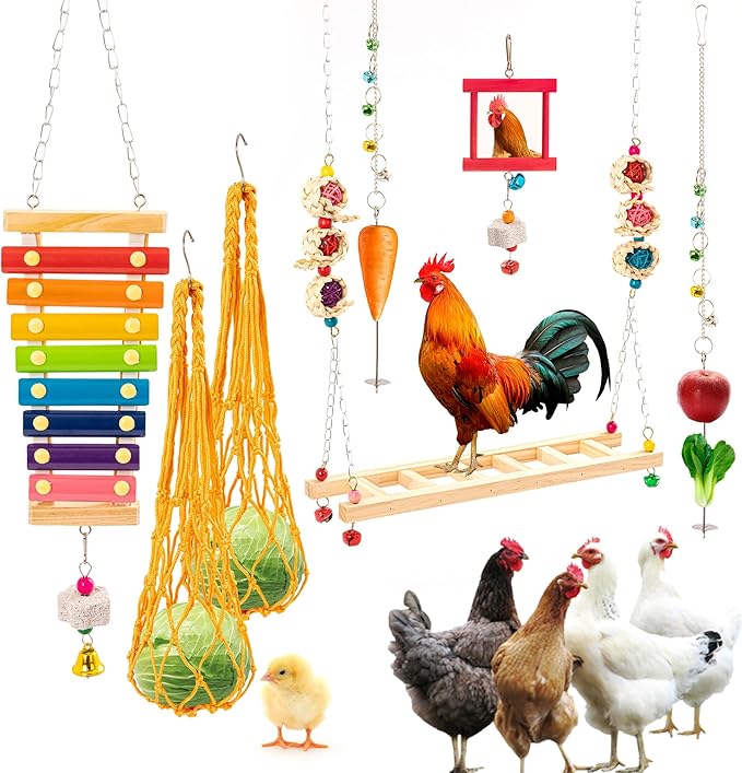 9PCS Chicken Toys for Coop, Chicken Xylophone Toy, Swing Mirror Chewing Toys for Hens Vegetable Hanging Feeder, Beak Grinding Calcium Stones with Bells Cage Toy for Cockatiel Parakeet Parrot Budgies