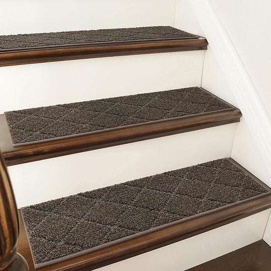 COSY HOMEER Edging Stair Treads Non-Slip Carpet Mat 28inX9in Indoor Stair Runners for Wooden Steps, Edging Stair Rugs for Kids and Dogs, 100% Polyester TPE Backing (15pc, Brown)