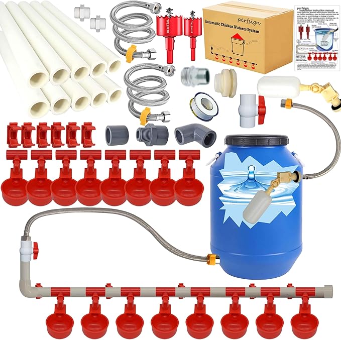 Complete Set Pipeline Automatic Chicken Waterer System(58 Accessories Included)Chicken Water Cups, Chicken Waters,Poultry Waterer,Chicken Watering System,with PVC Pipeline,Float Valve and Garden Hose