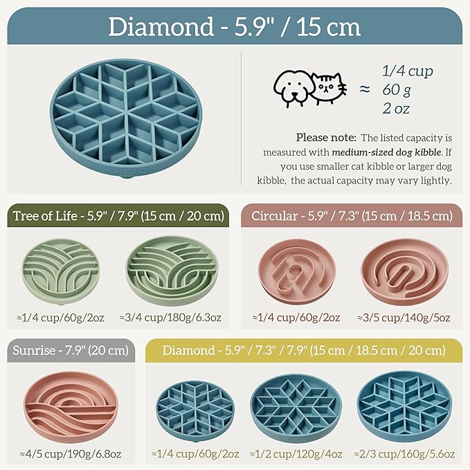 OHMO Slow Feeder Dog& Cat Bowl, Silicone Puppy Cat Food Bowl with Anti-Slip Suction Cup Slow Down Small Dogs Eating, Anti Choking (S-Diamond,Light Blue)