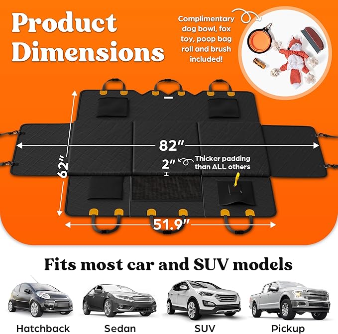 Back Seat Extender for Dogs Hard Bottom Foam - Sturdy Dog Hammock for Car Hard Bottom Car Seat Cover for Dogs with Hair Remover, Seatbelt, Carrying Bag - Dog Backseat Cover SUV, Car, Truck