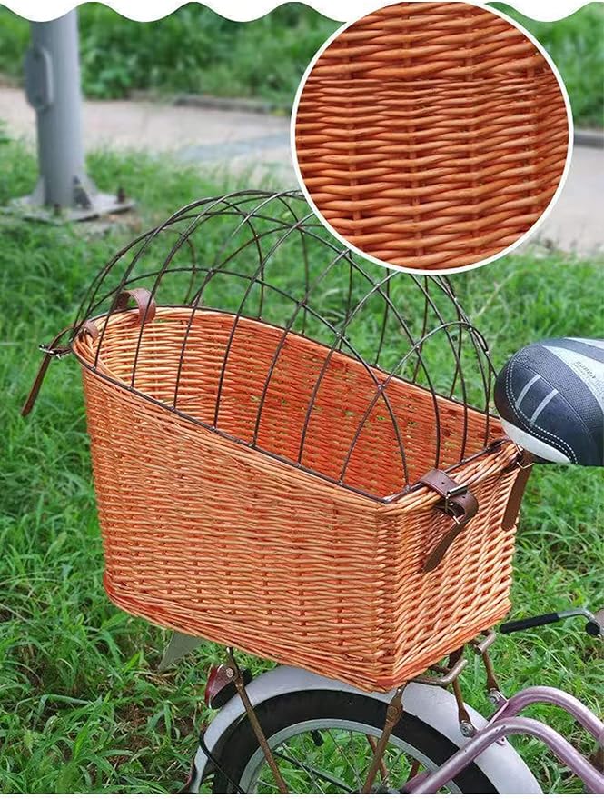 Dog Bike Basket Pet Carrier Bicycle Dog Carrier | Natural Wicker Attachment with Protective Grille,Easy to Install Comfort Cotton Cushion,Mounting Bracket for Secure Bicycle Rear Luggage Rack