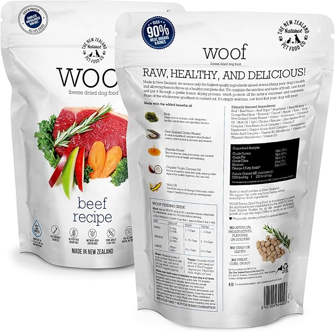 The New Zealand Natural Pet Food Co WOOF Freeze Dried Dog Food - Beef Recipe, High Protein, Use as a Complete Diet, Dog Food Topper, Mixer, or as Dog Treats, All Life Stages, 9.9 oz