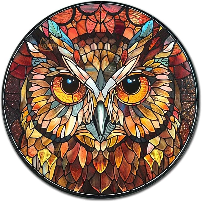 Lygond Metal Sign Tin Sign Circular Stained Glass Owl Metal Garden Signs for Garden 12×12 Inches
