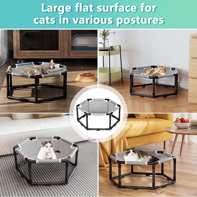 Tresbro Elevated Cat Hammock Bed, Hexagon Raised Cat Swing Bed for Indoor and Outdoor Use with Breathable Fabric & Anti-Slip Block, 23.6'' x 10.6'' x 12'' Pet Chair for Large to Small Kitty Cot