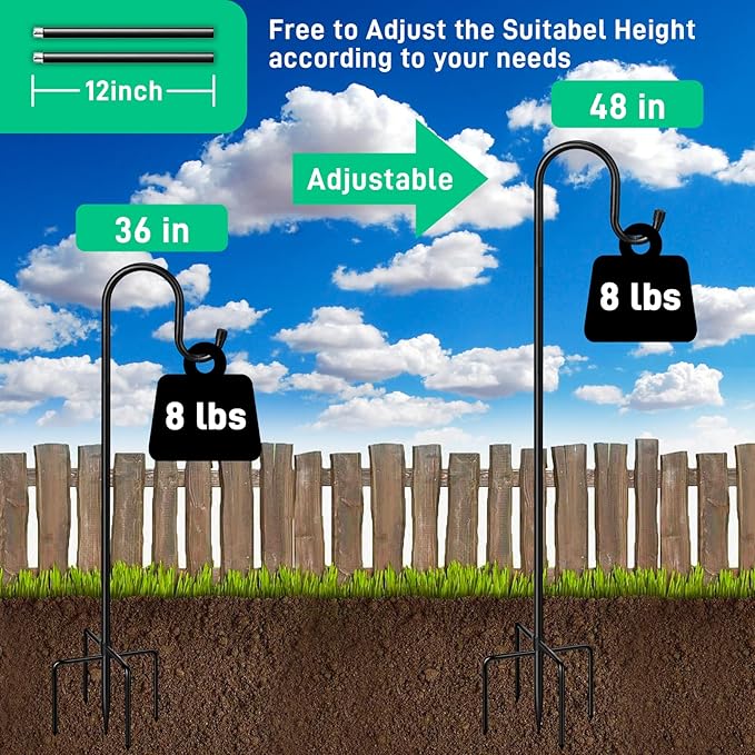 Adjustable Shepards Hooks for Outdoor with 5 Prong Base Shepherds Hooks for Outdoor Stand Pole for Humming Bird Feeder for Hanging Solar Lights Mason Jar Wedding Decor (48in)