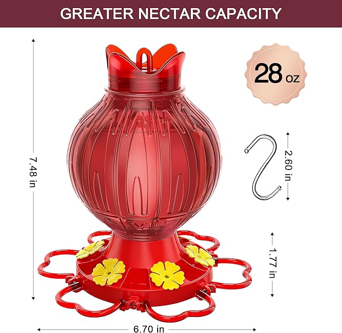 Hummingbird Feeders for Outdoors Hanging with Leak-Proof Base - 28oz Large Capacity Shatter-Resistant Hummingbird Feeder, Bottom Fill Wide Mouth Design & Ant/Bee Guards - Garden Decor (Red)