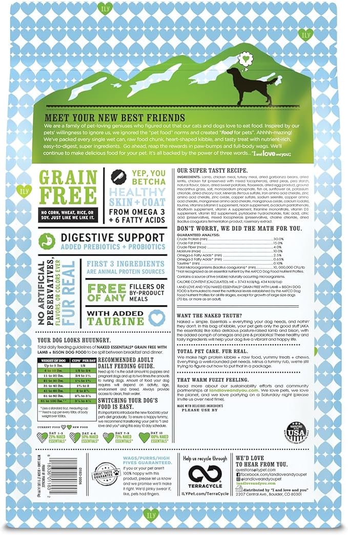 I and love and you Naked Essentials Dry Dog Food - Lamb + Bison - High Protein, Real Meat, No Fillers, Prebiotics + Probiotics, 11lb Bag