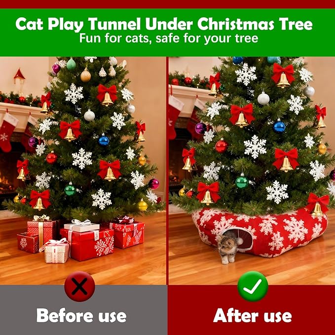 Cat Tunnel Christmas Tree Skirt,Christmas Tree Cat Tunnel for Indoor Cats,Cat Tunnels Tree Skirt,Soft Peekaboo Hideway Bed Cave Donut Toys Circle Tunnels for Kittens & Large Cats (Red)
