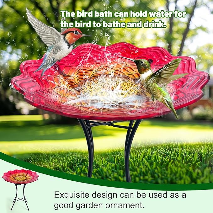HONGLAND Bird Bath for Outside-Bird Baths for Outdoors-Glass Large Birdbaths Bowl with Metal Stand for Garden Patio Lawn Decor, 15" Dia/19 Height
