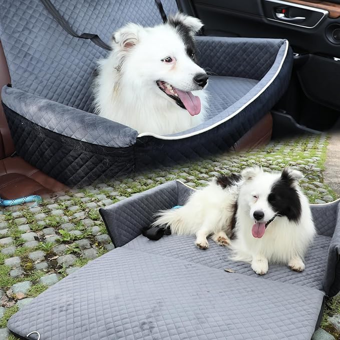 Youvee Dogs Car Seat and Bed 2 in 1,Pet Car Bed for 2 Small or 1 Medium/Large Dog up to 60 lbs,Dog Booster for car Back Seat,Safety,Comfortable,Storage Pocket,Fully Detachable and Washable(Grey)