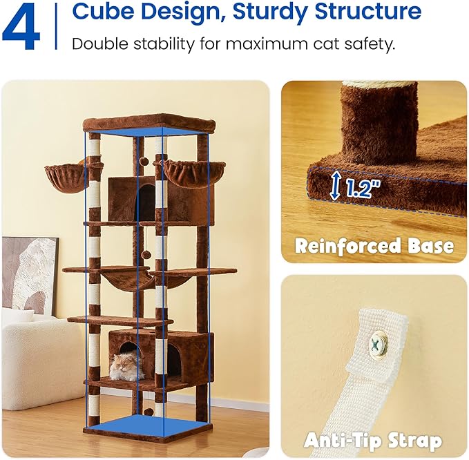 MWPO Extra Large Cat Tree, 77.6-Inch Tall Cat Tower for Indoor Cats with 2 Condos, Multi-Level Cat Stand for Large Cats, 3 Hammocks, Wide Perch, Scratching Posts, Dangling Toys, Brown
