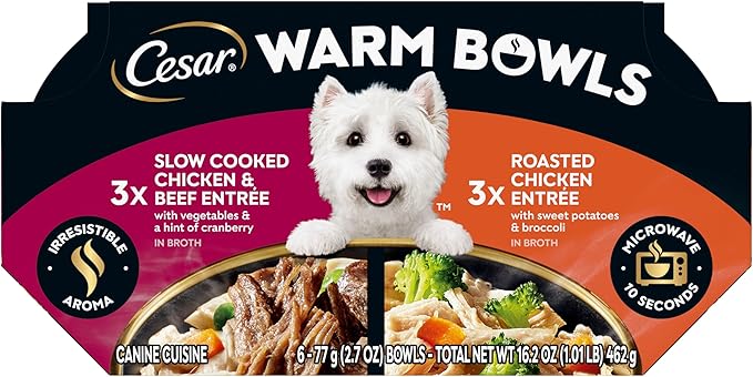 Cesar Warm Bowls Wet Dog Food Variety Pack: Chicken & Beef; and Chicken Entrées, 2.7 oz Trays (6 Count, Pack of 1)